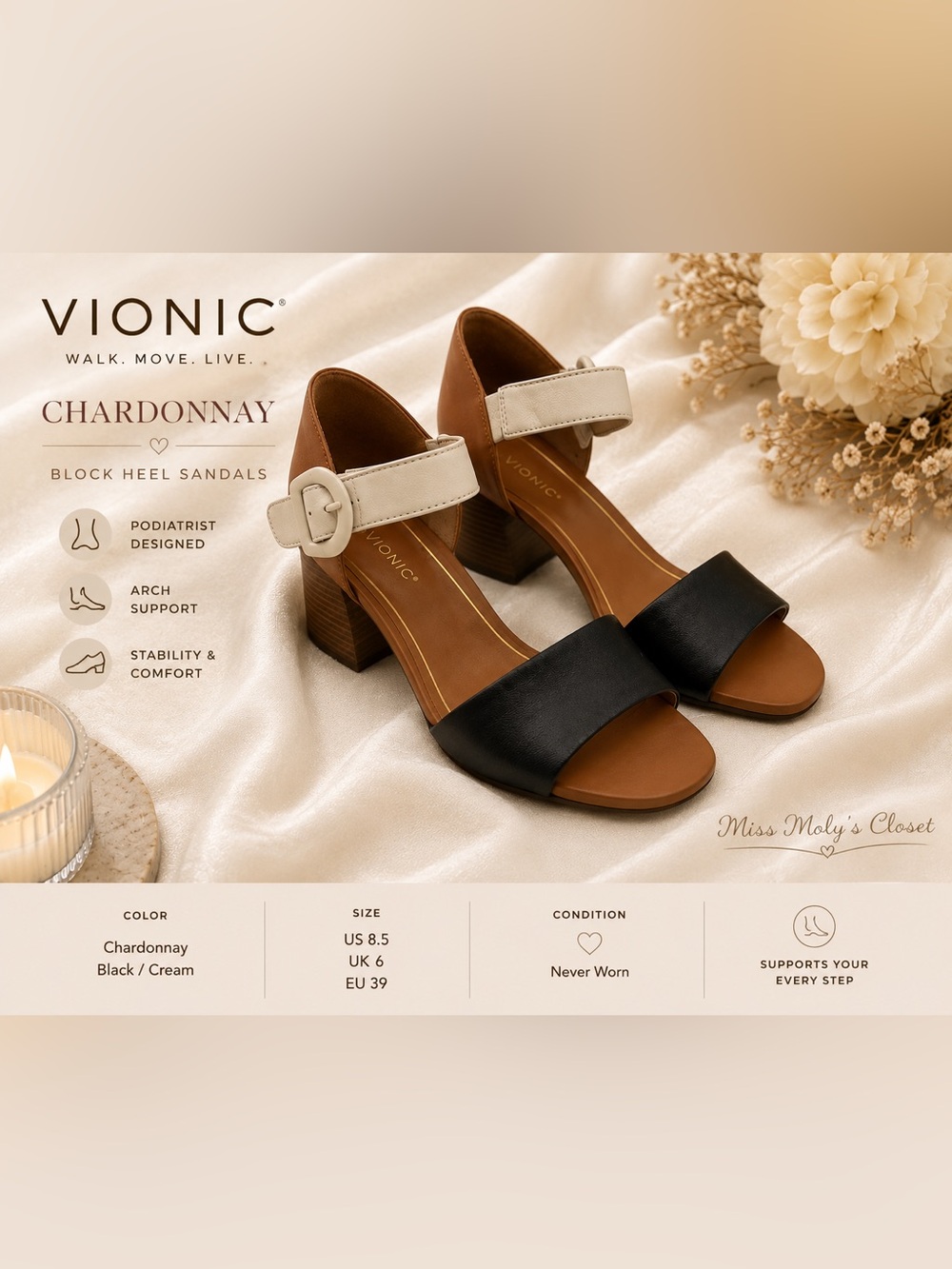 Vionic Chardonnay Block Heel Sandals Black Cream Leather Size 8.5